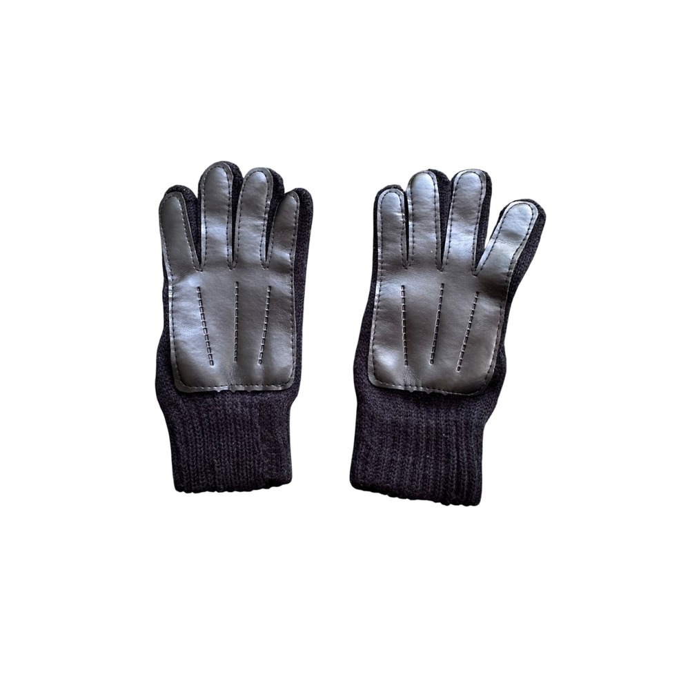 Black‎ Knit Gloves with Leather Palm Overlays Ribbed Cuff Winter Essentials
